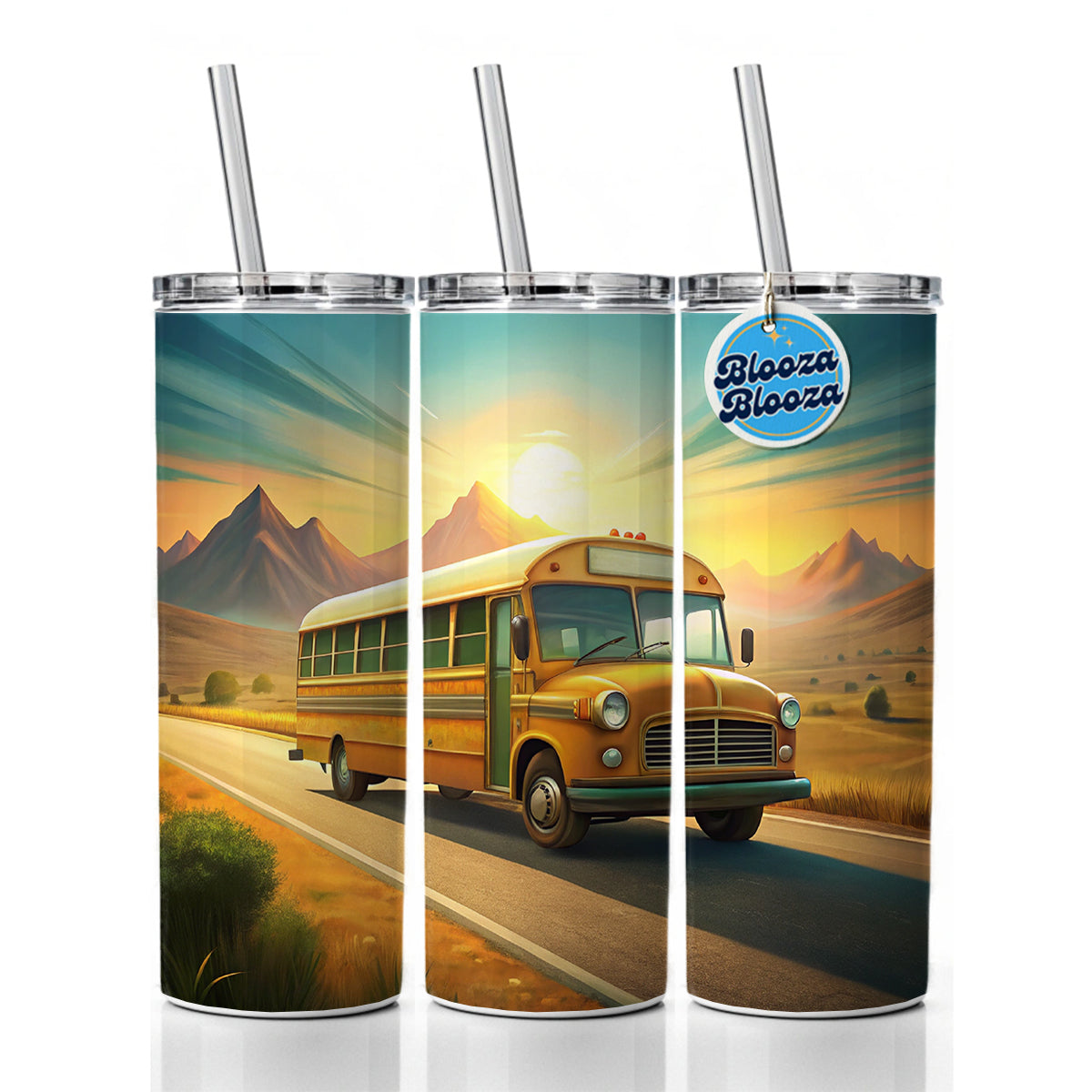 Retro School Bus On Road Skinny Tumbler 20oz with Straw Insulated Water Bottle Gift