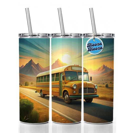 Retro School Bus On Road Skinny Tumbler 20oz with Straw Insulated Water Bottle Gift