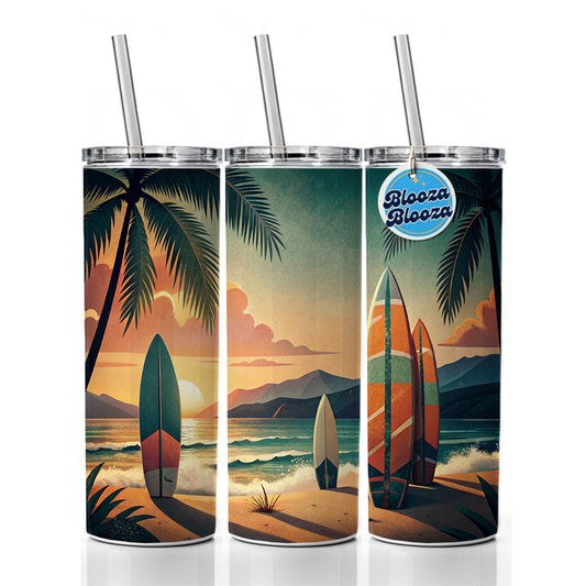 Retro Surfboards On Beach Tropical Sunset Illustration Skinny Tumbler 20oz with Straw Insulated Water Bottle Gift