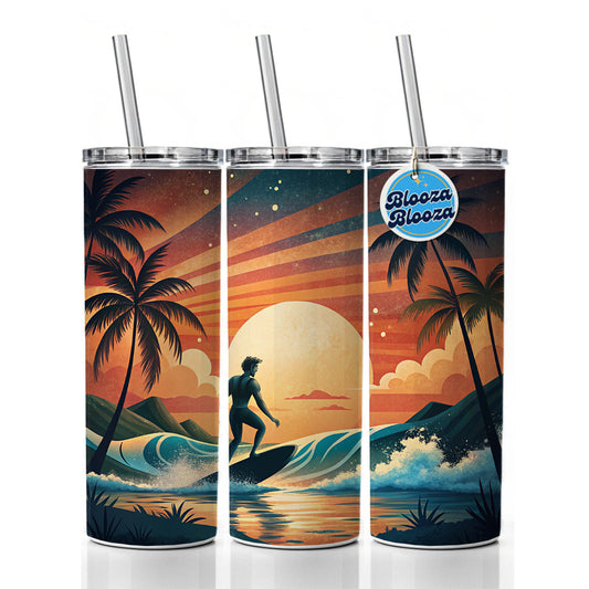 Retro Surfer Beach Tropical Sunset Illustration Skinny Tumbler 20oz with Straw Insulated Water Bottle Gift