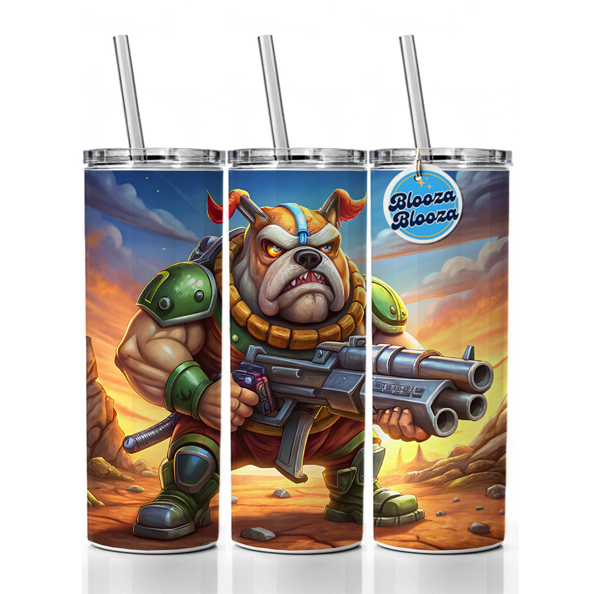 Sci-fi Cartoon Bulldog With Giant Gun Skinny Tumbler 20oz with Straw Insulated Water Bottle Gift