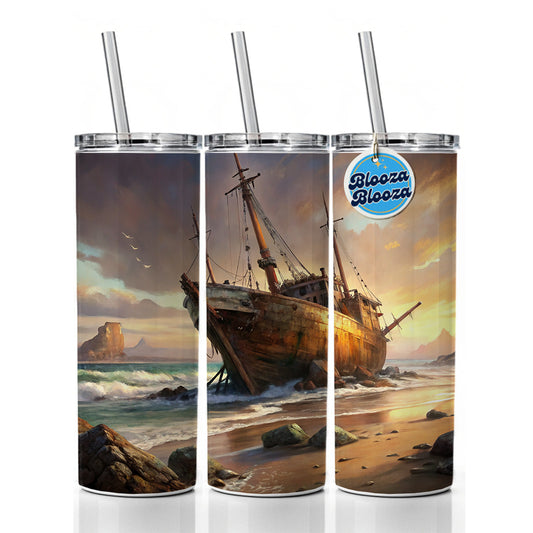 Shipwreck on the Beach Skinny Tumbler 20oz with Straw Insulated Water Bottle Gift
