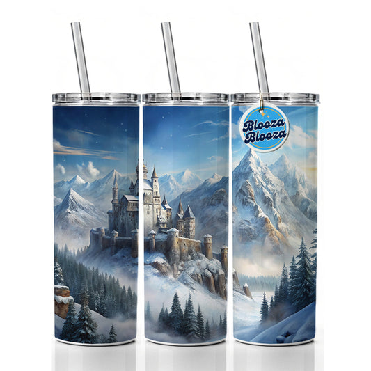 Snow Covered Castle In Mountains Landscape Skinny Tumbler 20oz with Straw Insulated Water Bottle Gift
