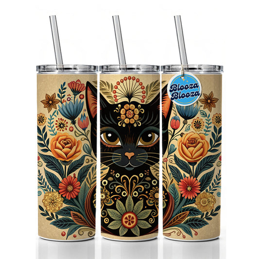 Stylized Black Cat Floral Design Skinny Tumbler 20oz with Straw Insulated Water Bottle Gift