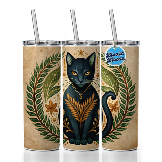 Stylized Black Cat Illustration Leaf Design Skinny Tumbler 20oz with Straw Insulated Water Bottle Gift