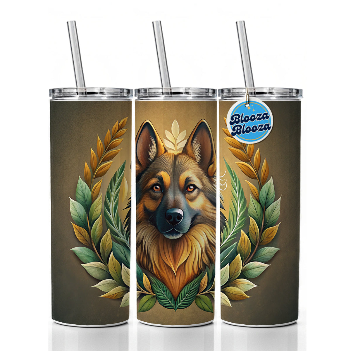 Stylized German Shepherd Illustration Leaf Design Skinny Tumbler 20oz with Straw Insulated Water Bottle Gift