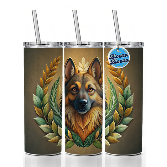 Stylized German Shepherd Illustration Leaf Design Skinny Tumbler 20oz with Straw Insulated Water Bottle Gift