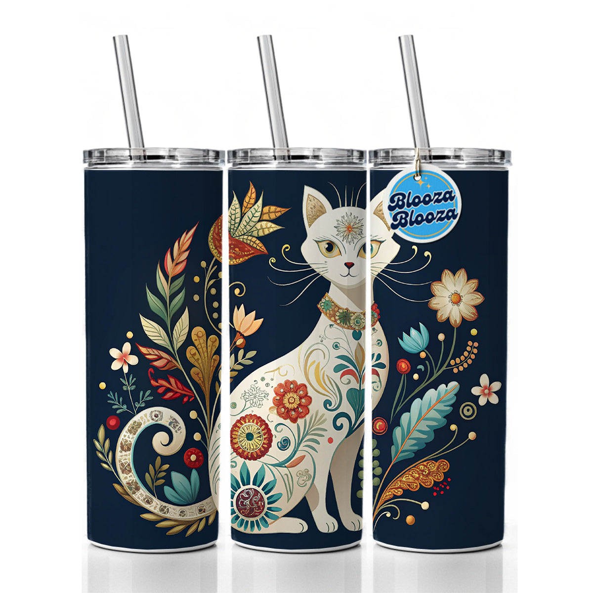 Stylized White Cat Floral Design Skinny Tumbler 20oz with Straw Insulated Water Bottle Gift