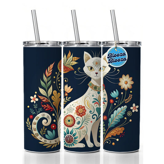 Stylized White Cat Floral Design Skinny Tumbler 20oz with Straw Insulated Water Bottle Gift