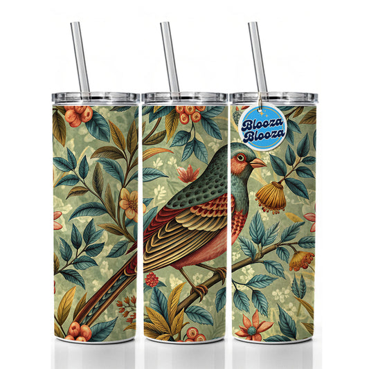 Vintage Retro Bird Floral Design Skinny Tumbler 20oz with Straw Insulated Water Bottle Gift
