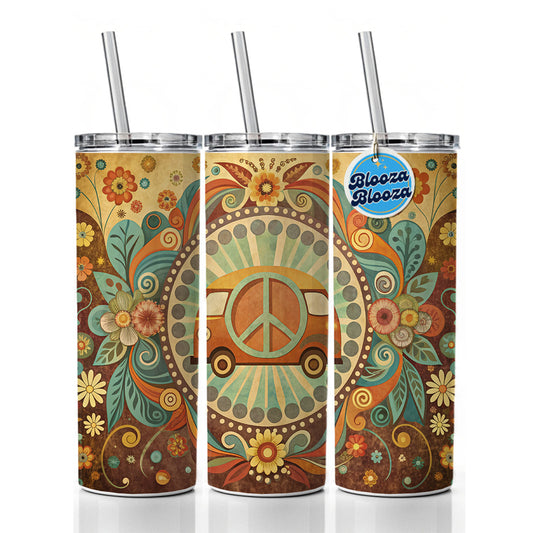 Vintage Retro Boho Hippie Van Peace Design Skinny Tumbler 20oz with Straw Insulated Water Bottle Gift