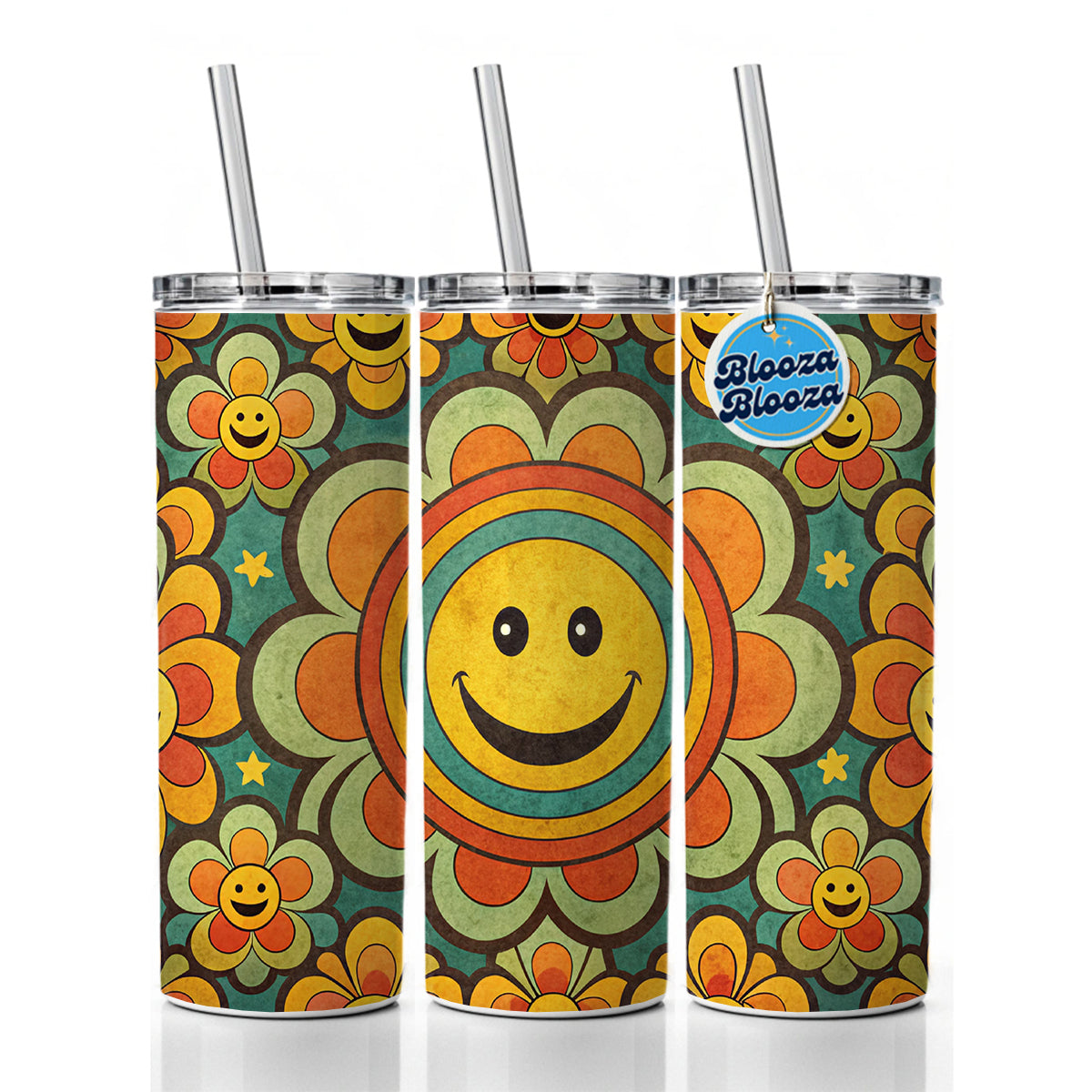 Vintage Retro Hippie Smile Pattern Design Skinny Tumbler 20oz with Straw Insulated Water Bottle Gift