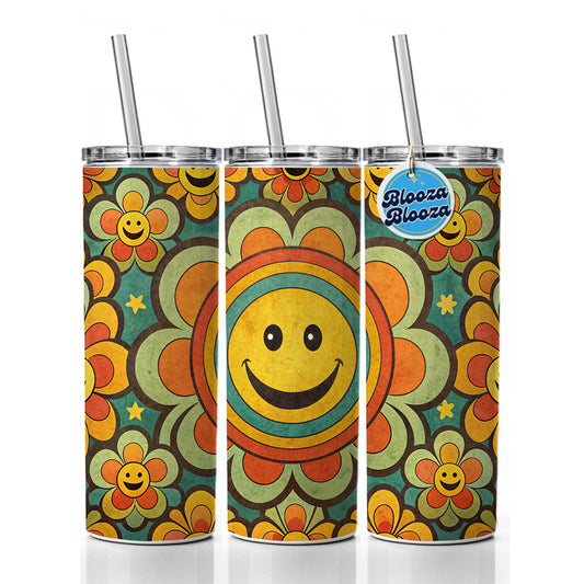 Vintage Retro Hippie Smile Pattern Design Skinny Tumbler 20oz with Straw Insulated Water Bottle Gift