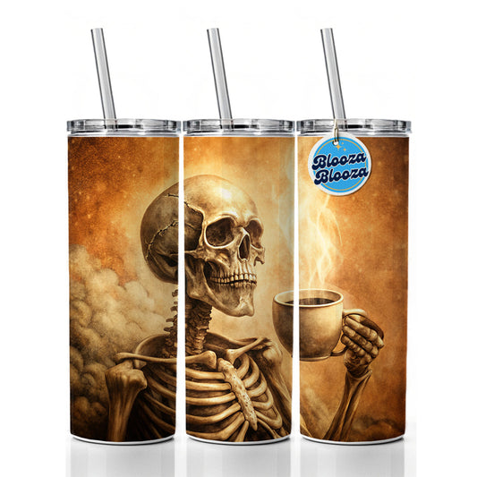 Vintage Skeleton Holding Cup Of Coffee Retro Skinny Tumbler 20oz with Straw Insulated Water Bottle Gift