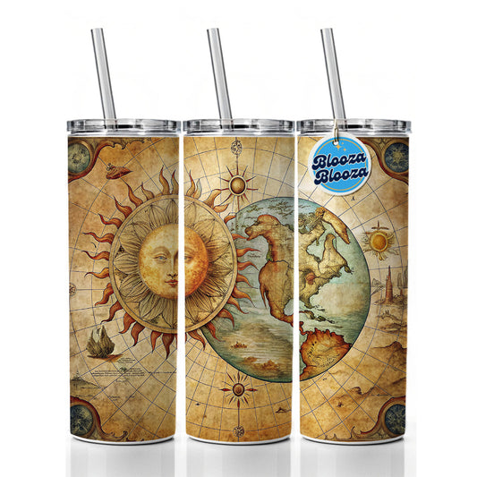 Vintage Sun Moon Map Skinny Tumbler 20oz with Straw Insulated Water Bottle Gift