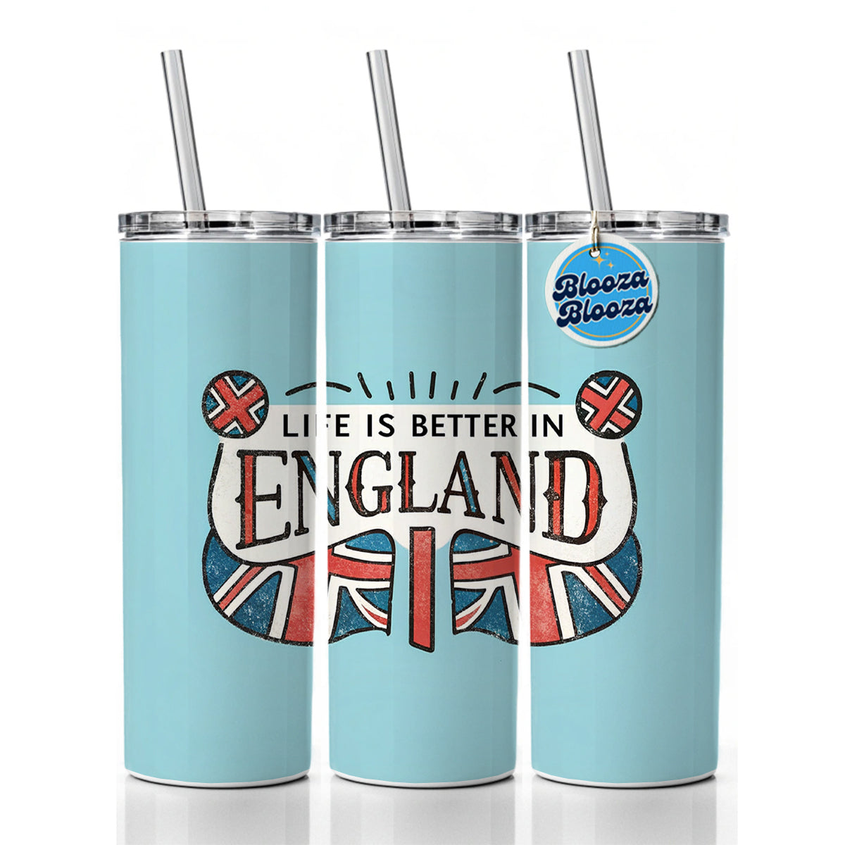 Life Is Better In England Skinny Tumbler 20oz with Straw Insulated Water Bottle Gift