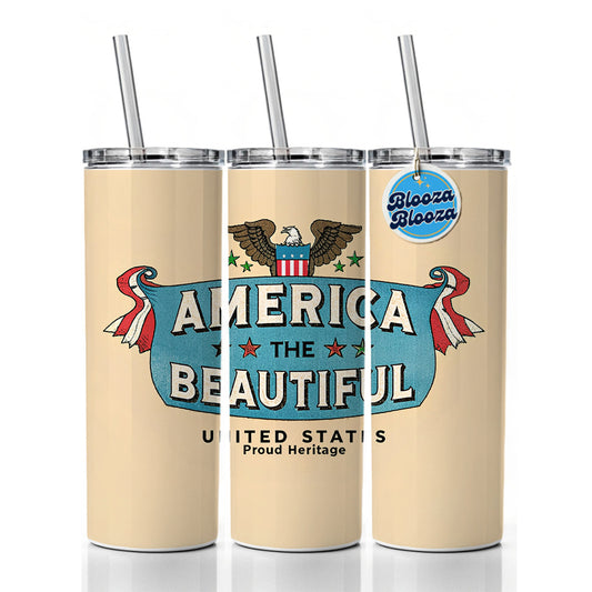 America The Beautiful United States Proud Heritage Skinny Tumbler 20oz with Straw Insulated Water Bottle Gift
