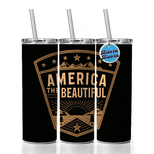 America The Beautiful United States USA Patriotic Black Tan Skinny Tumbler 20oz with Straw Insulated Water Bottle Gift