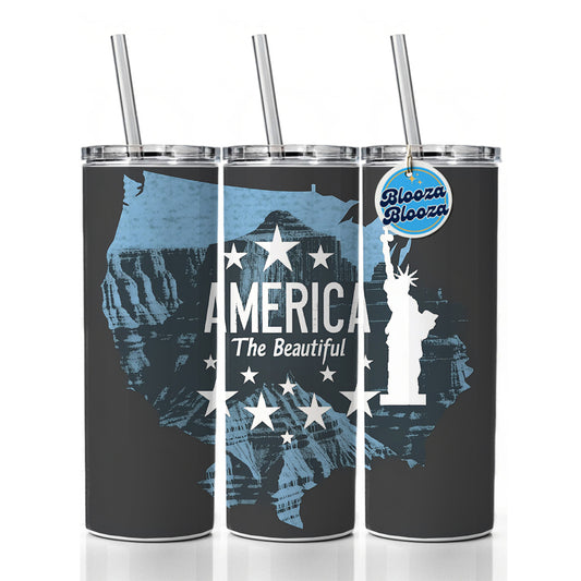 America The Beautiful United States USA Patriotic Statue of Liberty Skinny Tumbler 20oz with Straw Insulated Water Bottle Gift