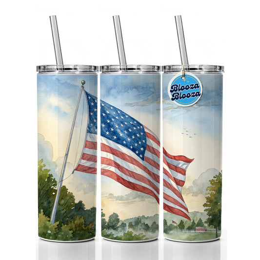 American Flag Waving Watercolor USA United States Skinny Tumbler 20oz with Straw Insulated Water Bottle Gift