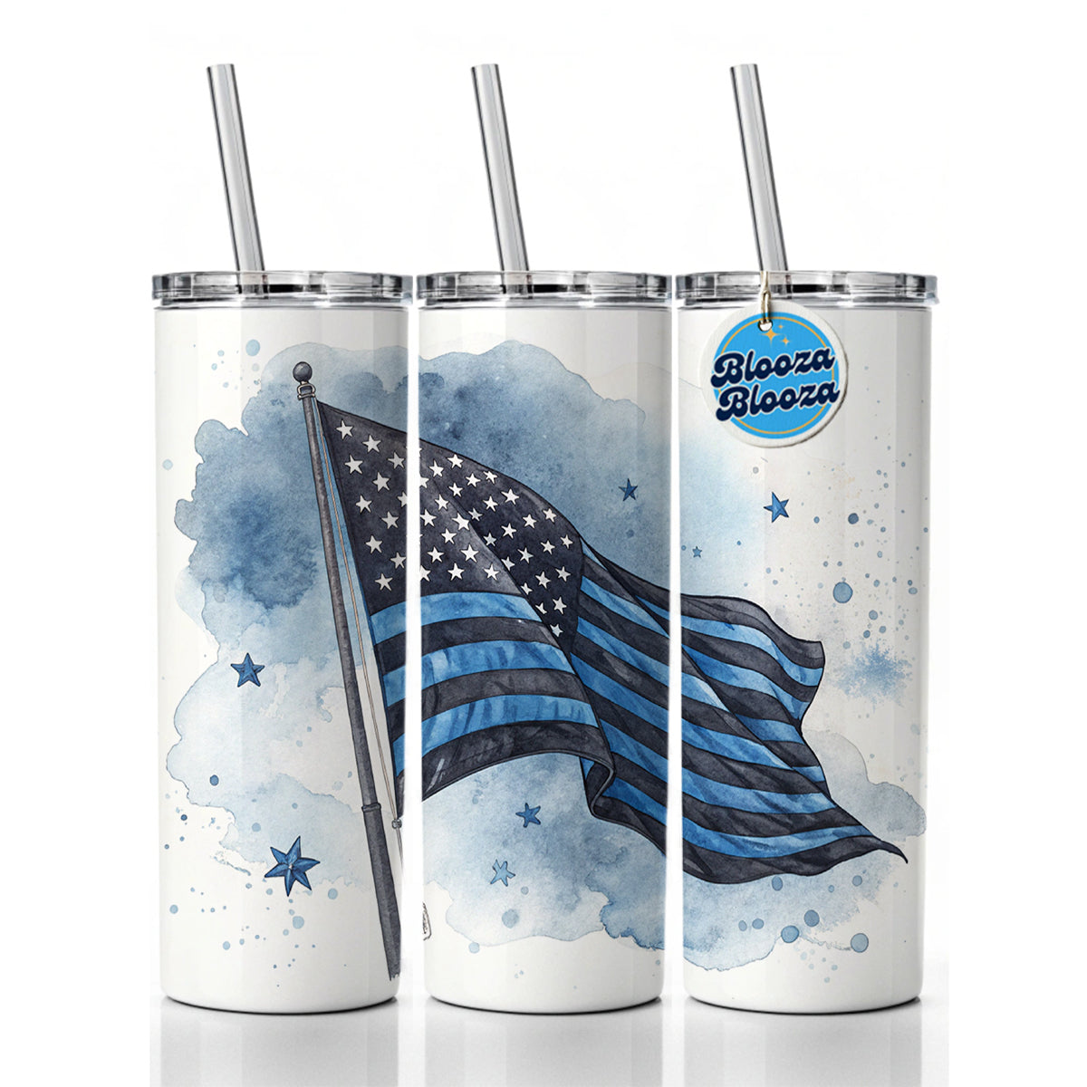Black Blue Waving American Flag Watercolor USA United States Skinny Tumbler 20oz with Straw Insulated Water Bottle Gift