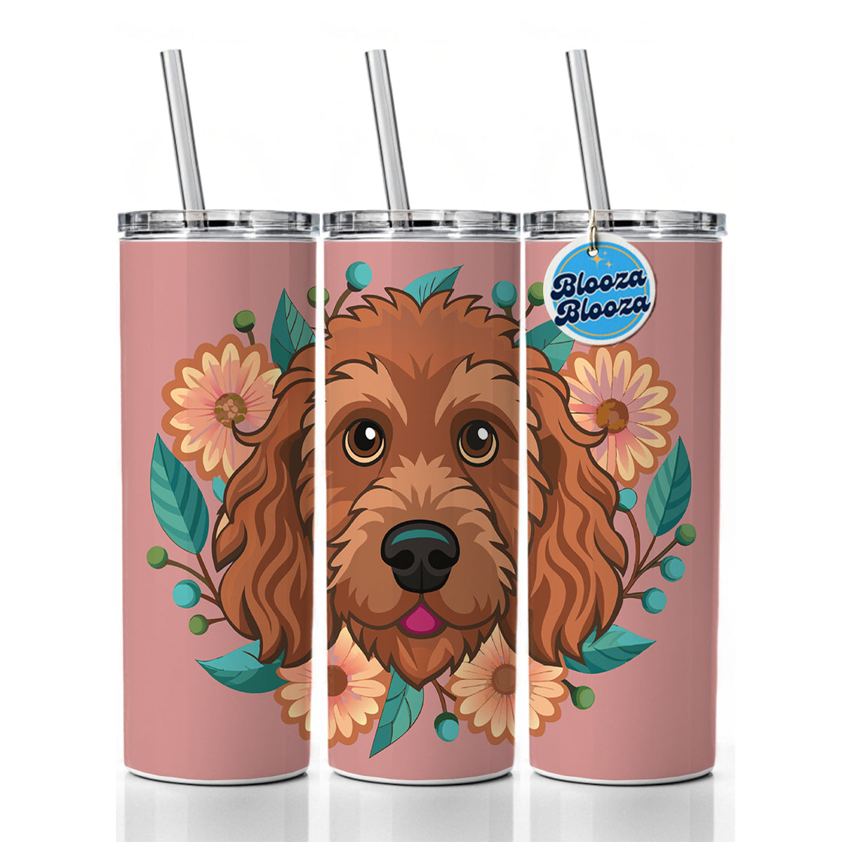 Brown Labradoodle Head Floral Motif Dog Pink Background Skinny Tumbler 20oz with Straw Insulated Water Bottle Gift