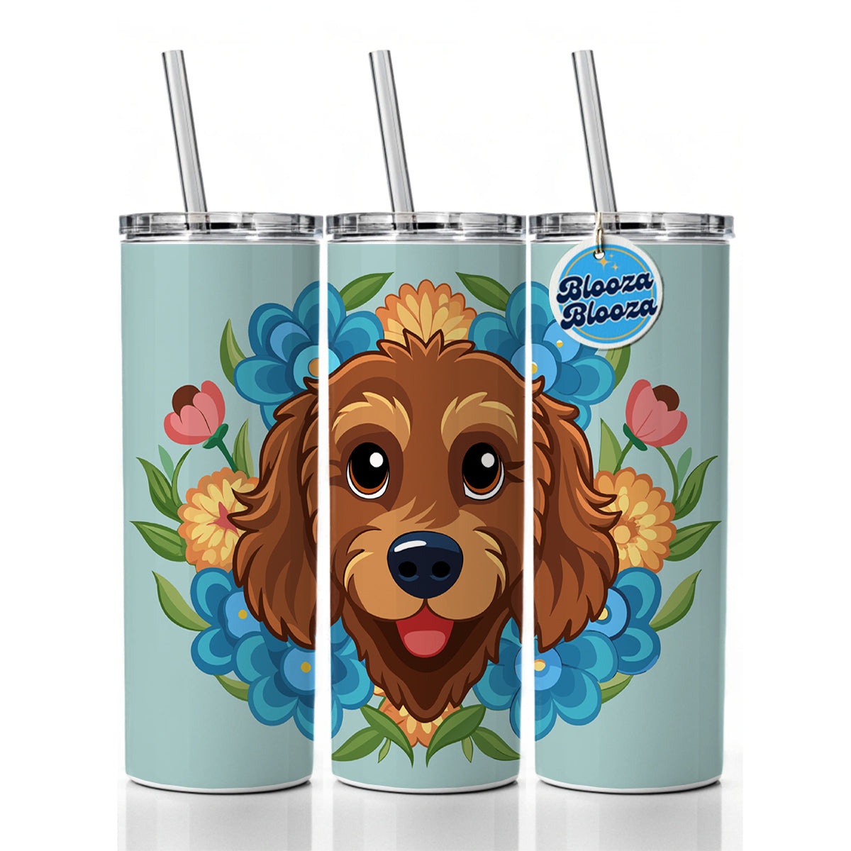 Brown Labradoodle Head Floral Motif Dog Skinny Tumbler 20oz with Straw Insulated Water Bottle Gift