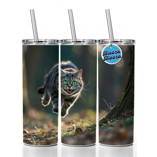 Cat Leaping Green Eyes Funny Skinny Tumbler 20oz with Straw Insulated Water Bottle Gift