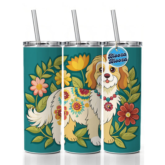 Cavachon Floral Motif Dog Cute Skinny Tumbler 20oz with Straw Insulated Water Bottle Gift