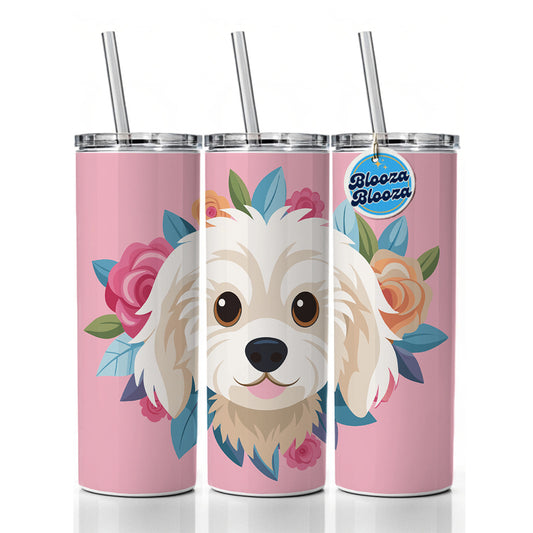 Cavachon Head Dog Floral Motif Pink Background Skinny Tumbler 20oz with Straw Insulated Water Bottle Gift