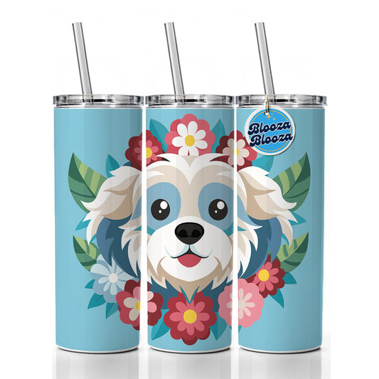 Cavachon Head Floral Dog Motif Blue Background Skinny Tumbler 20oz with Straw Insulated Water Bottle Gift