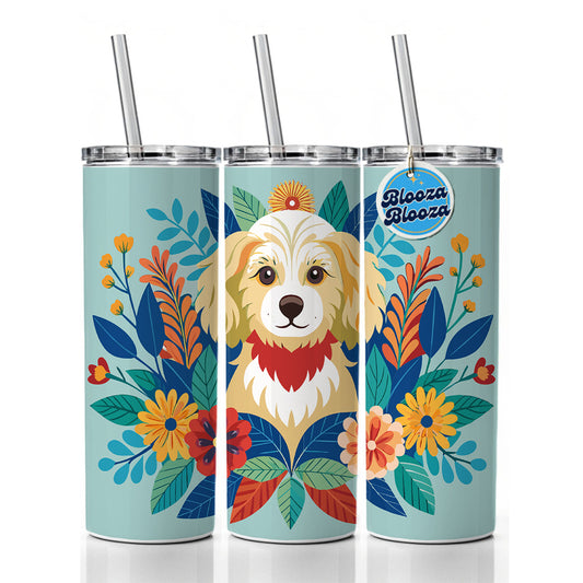 Cavapoo Floral Motif Dog Blue Skinny Tumbler 20oz with Straw Insulated Water Bottle Gift