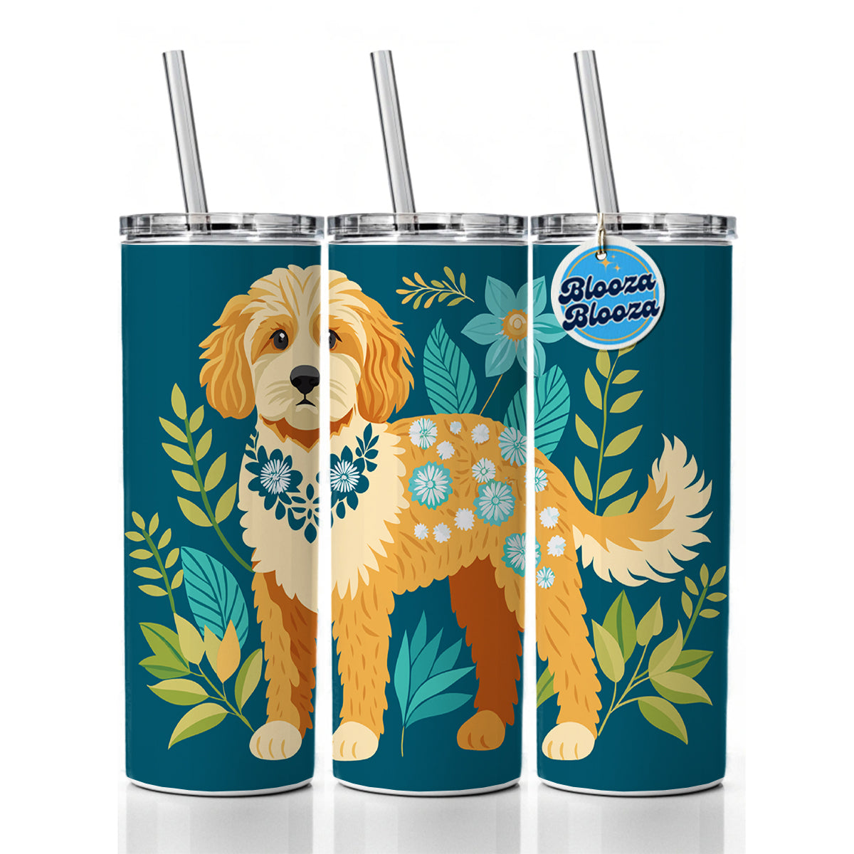 Cavapoo Floral Motif Dog Skinny Tumbler 20oz with Straw Insulated Water Bottle Gift