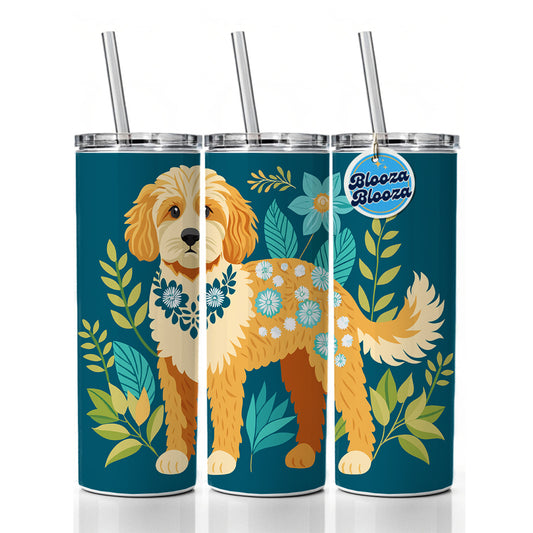 Cavapoo Floral Motif Dog Skinny Tumbler 20oz with Straw Insulated Water Bottle Gift
