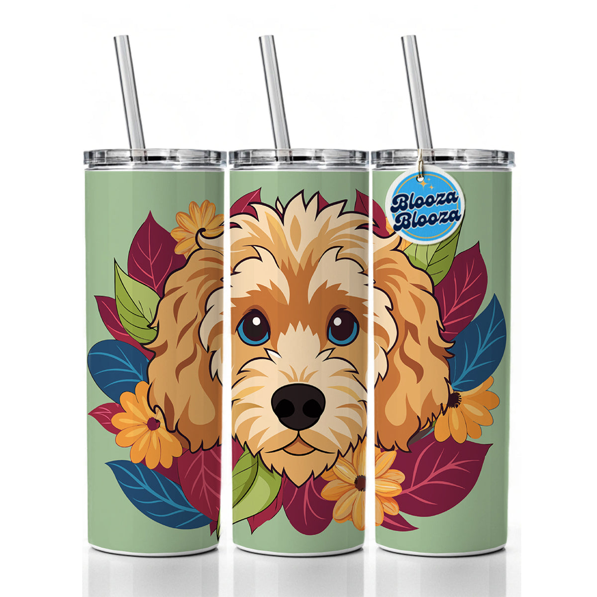 Cavapoo Head Floral Motif Dog Skinny Tumbler 20oz with Straw Insulated Water Bottle Gift