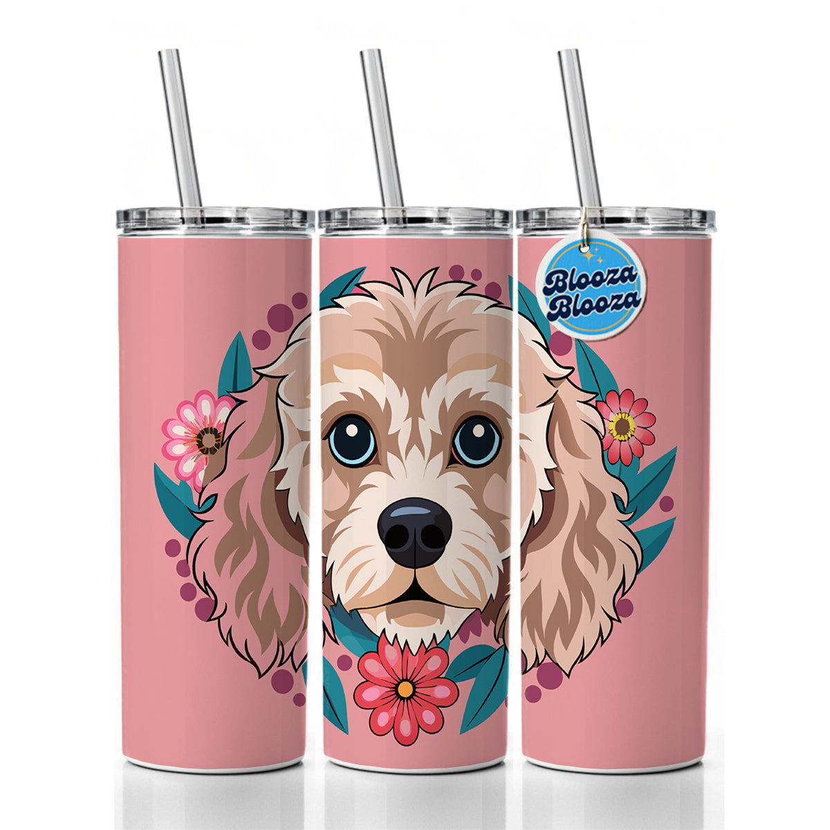 Cavapoo Head Floral Motif Pink Dog Skinny Tumbler 20oz with Straw Insulated Water Bottle Gift
