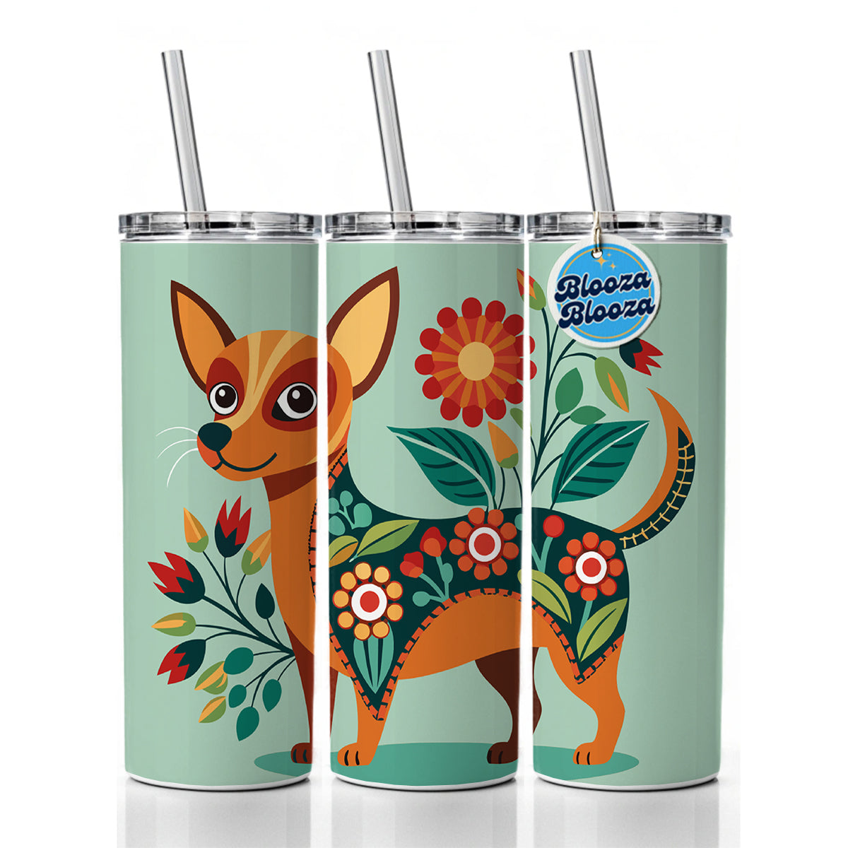 Chiweenie Floral Motif Cute Dog Skinny Tumbler 20oz with Straw Insulated Water Bottle Gift