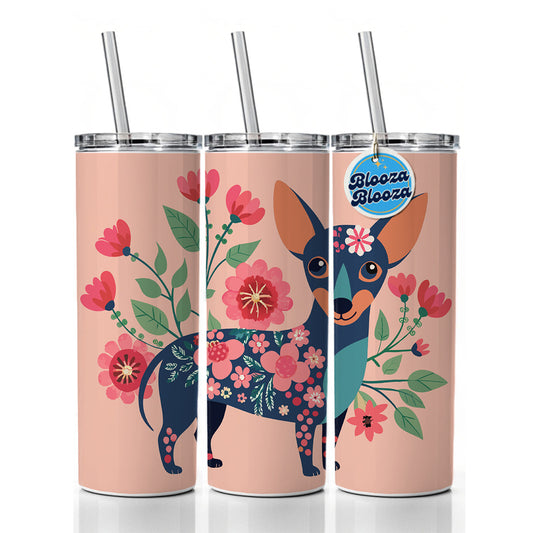 Chiweenie Floral Motif Pink Cute Dog Skinny Tumbler 20oz with Straw Insulated Water Bottle Gift