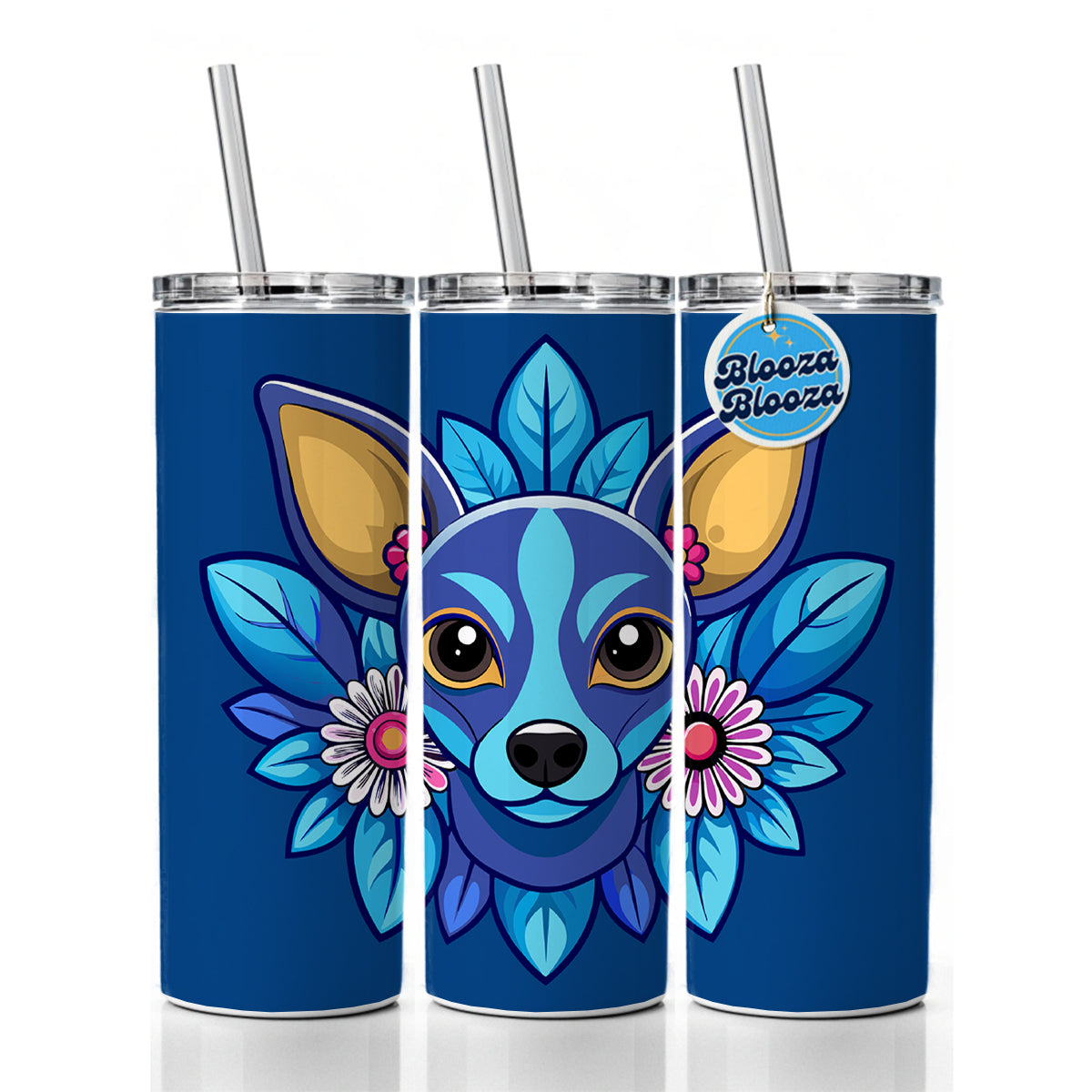 Chiweenie Head Floral Motif Blue Dog Skinny Tumbler 20oz with Straw Insulated Water Bottle Gift