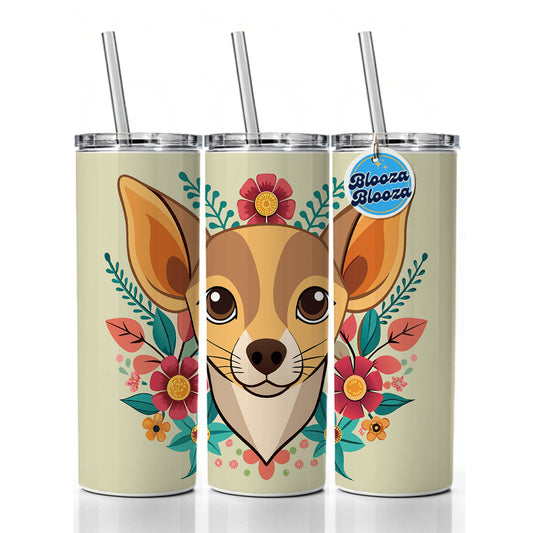 Chiweenie Head Floral Motif Dog Skinny Tumbler 20oz with Straw Insulated Water Bottle Gift