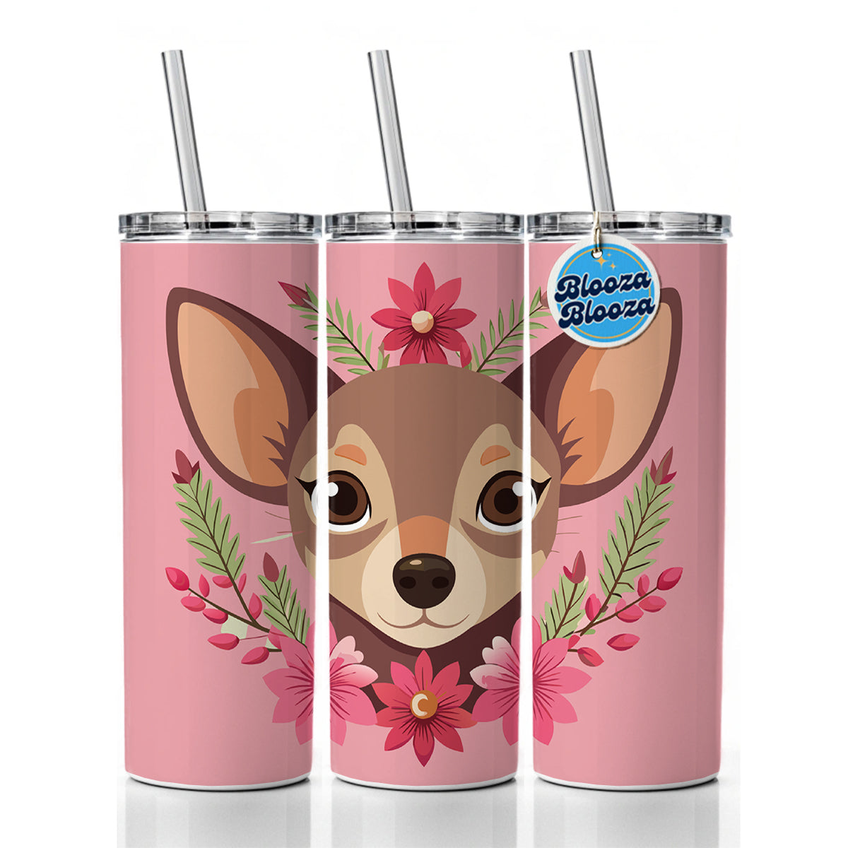 Chiweenie Head Floral Motif Pink Dog Skinny Tumbler 20oz with Straw Insulated Water Bottle Gift