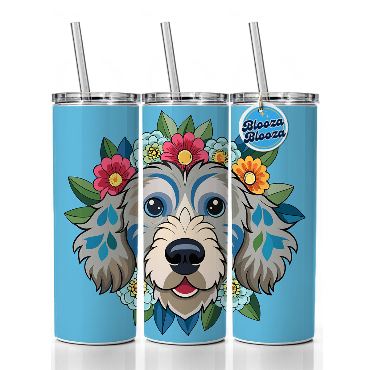 Cockapoo Head Floral Motif Light Blue Dog Skinny Tumbler 20oz with Straw Insulated Water Bottle Gift
