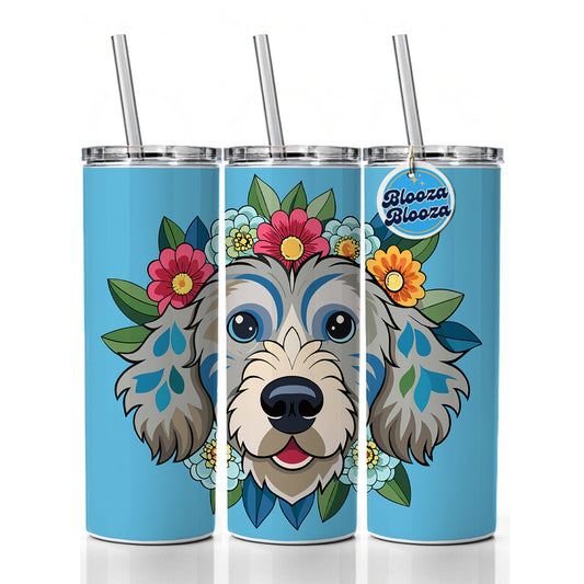 Cockapoo Head Floral Motif Light Blue Dog Skinny Tumbler 20oz with Straw Insulated Water Bottle Gift
