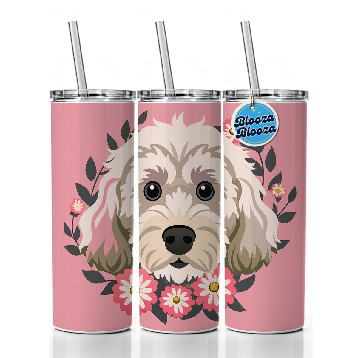 Cockapoo Head Floral Motif Light Pink Dog Skinny Tumbler 20oz with Straw Insulated Water Bottle Gift