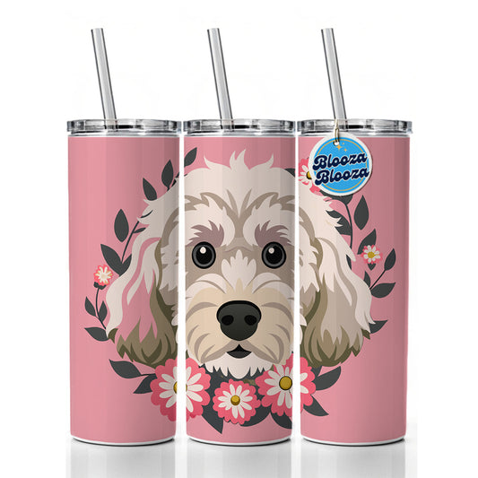 Cockapoo Head Floral Motif Light Pink Dog Skinny Tumbler 20oz with Straw Insulated Water Bottle Gift