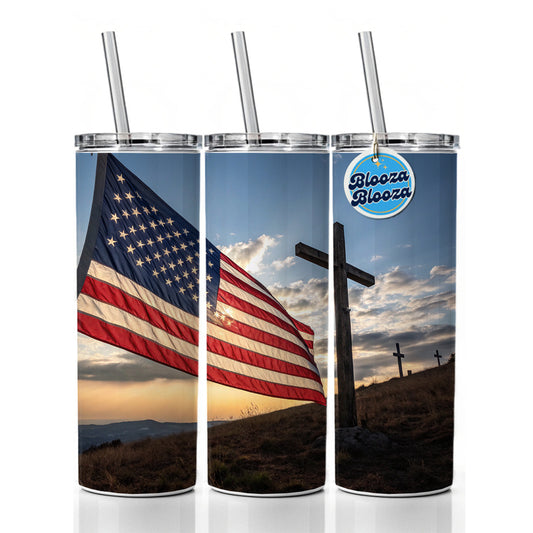 Cross Over American Flag USA United States Religious Skinny Tumbler 20oz with Straw Insulated Water Bottle Gift