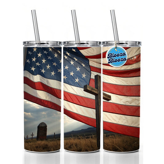 Cross Over American Flag USA United States Skinny Tumbler 20oz with Straw Insulated Water Bottle Gift