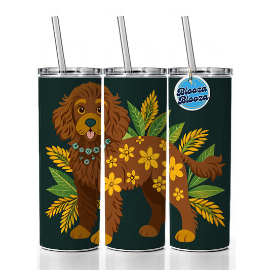 Dark Brown Golden Doodle Floral Motif Green Dog Skinny Tumbler 20oz with Straw Insulated Water Bottle Gift
