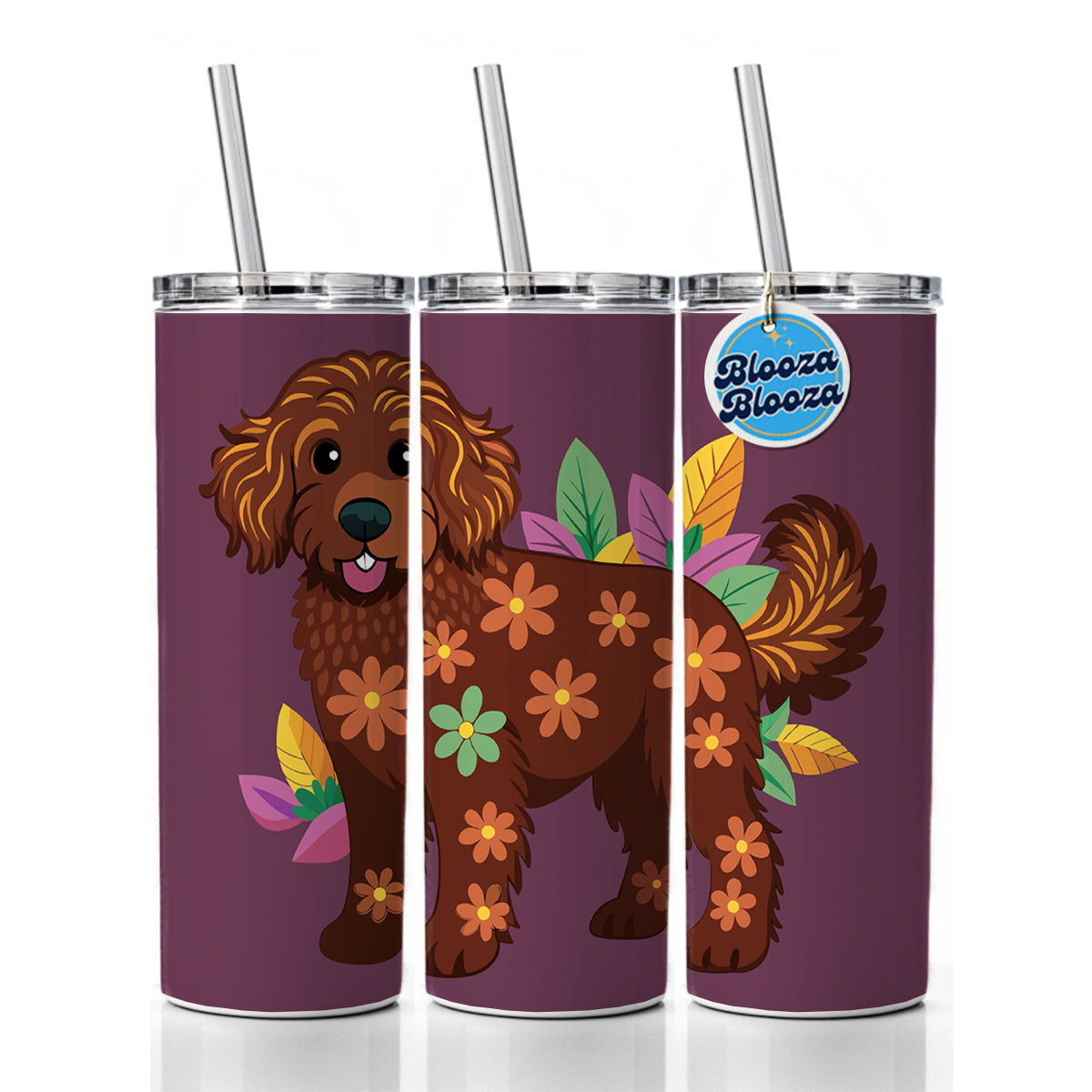 Dark Brown Golden Doodle Floral Motif Purple Dog Skinny Tumbler 20oz with Straw Insulated Water Bottle Gift
