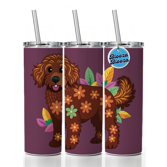 Dark Brown Golden Doodle Floral Motif Purple Dog Skinny Tumbler 20oz with Straw Insulated Water Bottle Gift